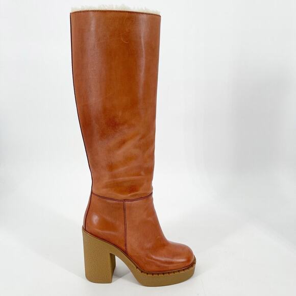 NWB Prada Cognac Shearling Lined Platform Chunky Block Heel Tall Boot IT 38 - Picture 4 of 15
